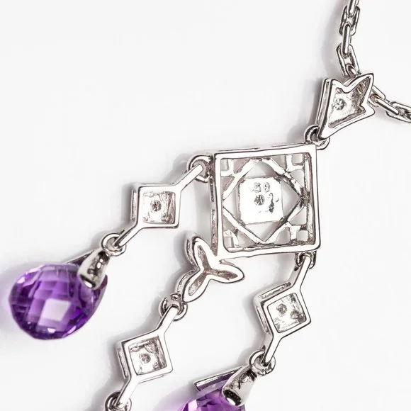 14K White Gold Amethyst Chandelier Necklace With Diamond Accents